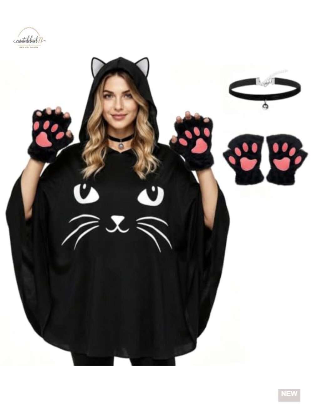 Cat Costume Women Hooded Poncho Bell Collar Paw Gloves Halloween Party Set